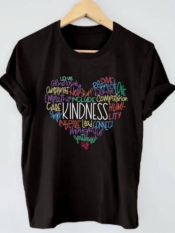Women's Heart & Letter Print Round Neck Tee, Casual Short Sleeve Crew Neck T-Shirt for Summer, Fashion Women's Top for...