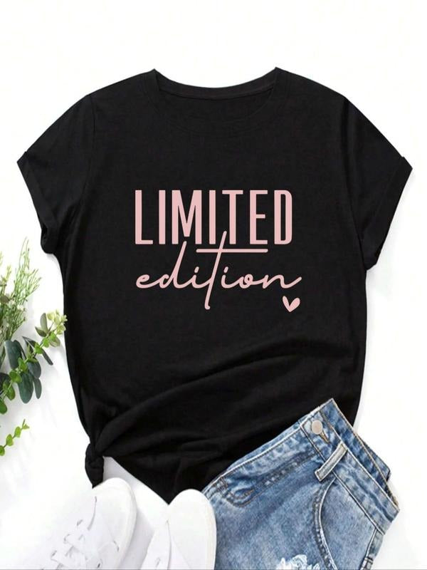 Women's Heart & Letter Print Round Neck Tee, Casual Short Sleeve Crew Neck T-shirt for Daily Wear, Ladies Clothes for All...