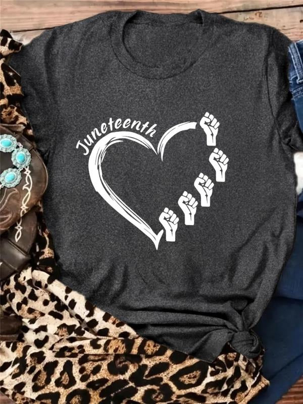 Women's Heart & Letter Print Round Neck Tee, Casual Short Sleeve Crew Neck T-shirt for Summer, Fashion Women's Top for...