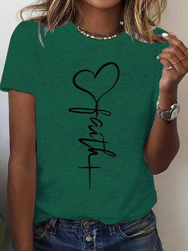 Women's Heart & Letter Print Round Neck Tee, Casual Short Sleeve Crew Neck T-shirt for Summer, Fashion Women's Top for...