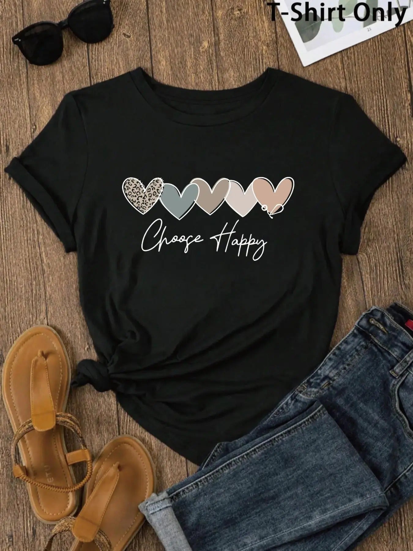 Women's Heart & Letter Print Round Neck Tee, Casual Short Sleeve Crew Neck T-shirt, Ladies Summer Outfit for Daily Wear...