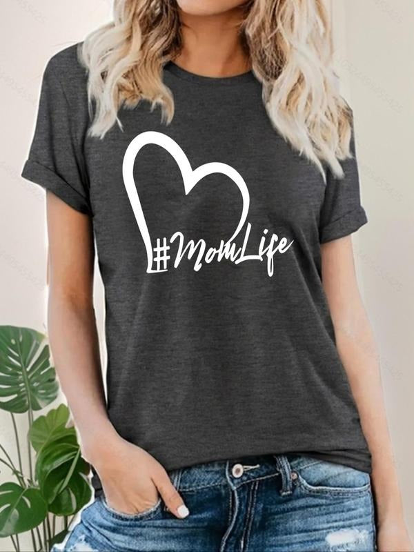 Women's Heart & Letter Print Round Neck Tee, Casual Short Sleeve Crew Neck T-shirt, Women's Top for Daily Wear Hoodie,...