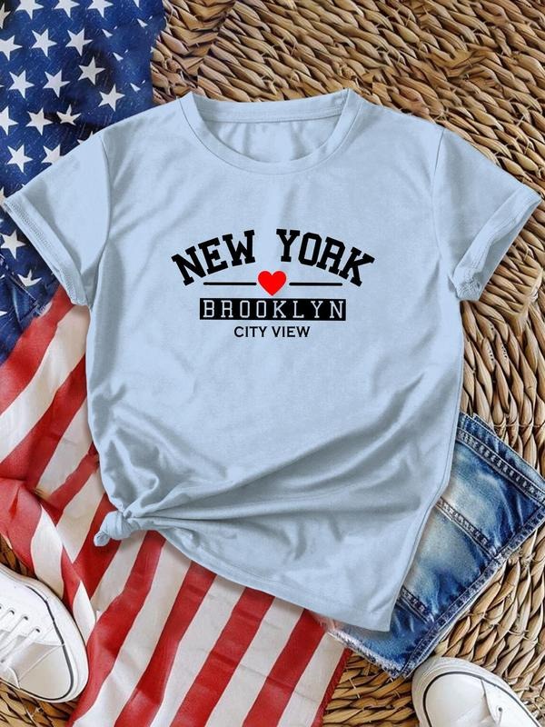 Women's Heart & Letter Print Round Neck Tee, Casual Short Sleeve T-Shirt for All Seasons, Fashion Women's Top for Daily...