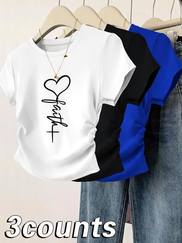 Heart & Letter Print Round Neck Casual Short Sleeve Daily Clothes All Seasons Top T-Shirts, Hoodie, Sweatshirt