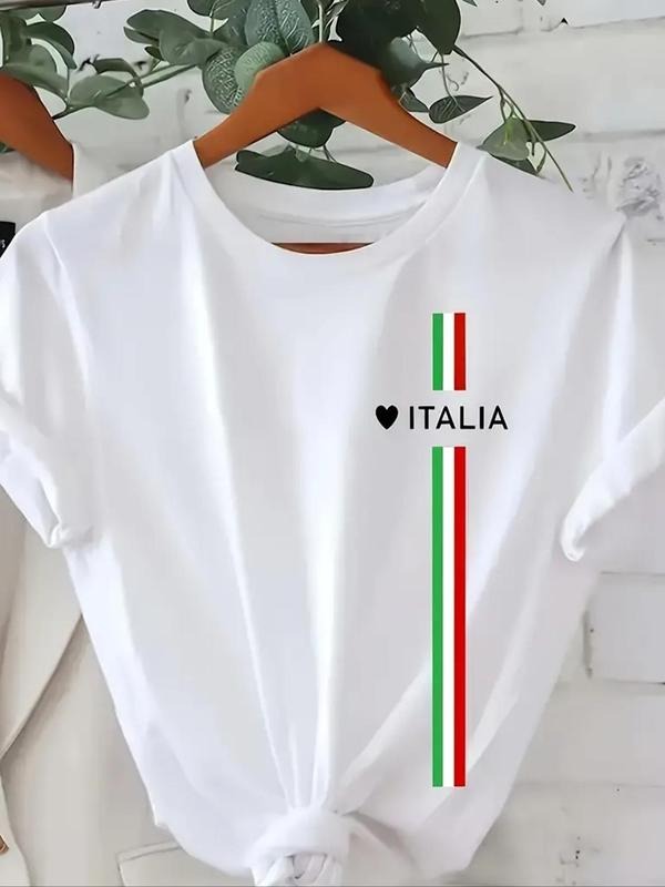 Women's Heart & Letter Print Round Neck Tee, Casual Striped Graphic Short Sleeve Crew Neck T-Shirt for Summer, Fashion...