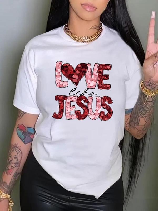 Women's Heart & Letter Print Round Neck Tee, Fashion Casual Crew Neck T-Shirt for Daily Holiday Vacation Outdoor Wear,...