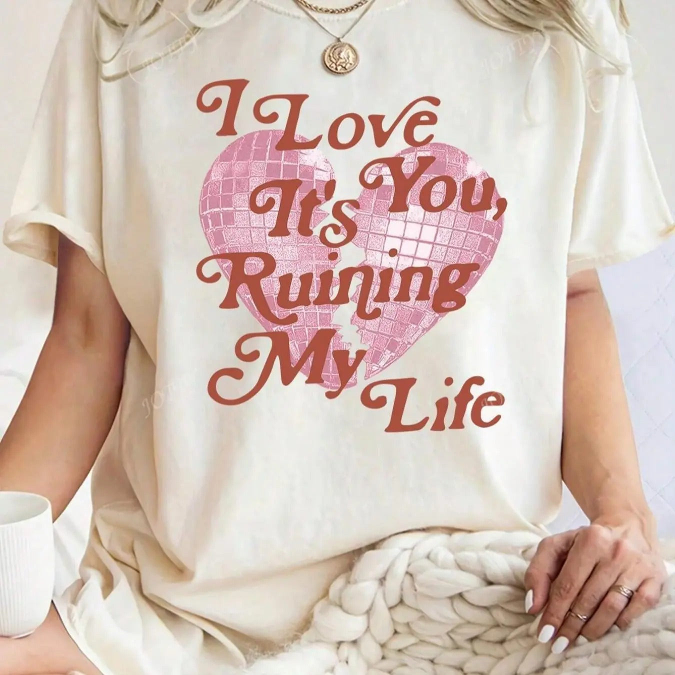 Women's Heart & Letter Print Round Neck Tee, Fashion Casual Drop Shoulder Short Sleeve T-shirt, Ladies Summer Clothes for...
