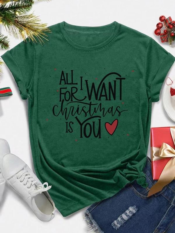 Women's Heart & Letter Print Round Neck Tee, Fashion Casual Short Sleeve T-shirt, Ladies Summer Clothes for Daily Wear...