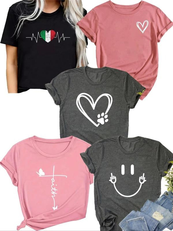 Women's Heart & Letter Print Short Sleeve Tee, Casual Round Neck Graphic T-shirt for Daily Wear, Ladies Clothes for All...