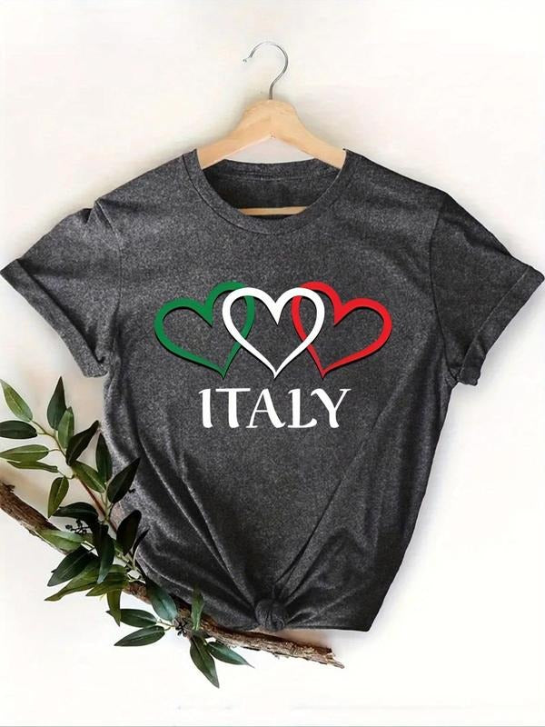 Women's Heart & Letter Print Short Sleeve Tee, Casual Round Neck T-Shirt for Summer, Fashion Women's Top for Daily Wear...