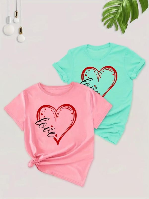 Women's Heart & Letter Print Short Sleeve Tee, Casual Round Neck T-shirt for Summer, Ladies Clothes for Daily Wear...