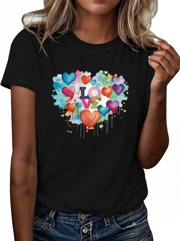 Women's Heart & Letter Print Tee, Casual Short Sleeve Round Neck T-shirt, Ladies All Seasons Outfit Hoodie, Sweatshirt