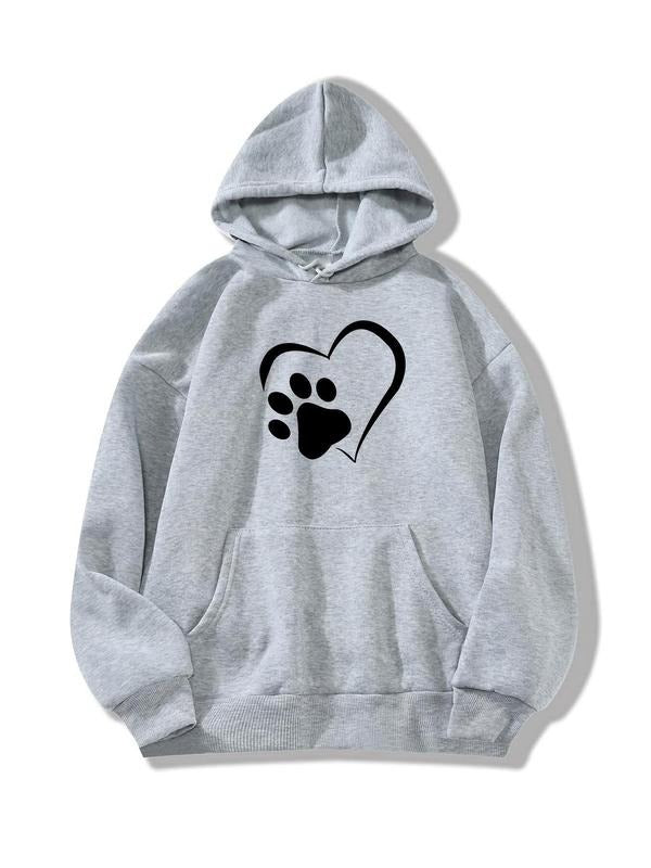 Women's Heart & Paw Print Drop Shoulder Drawstring Hoodie, Fashion Casual Pocket Hooded Sweatshirt for Daily Holiday...