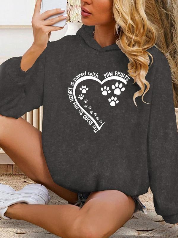 Women's Heart & Paw Print Drop Shoulder Hoodie, Fashion Casual Letter Graphic Hooded Sweatshirt for Daily Holiday Outdoor...