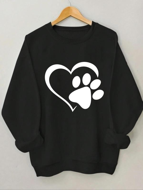 Women's Heart & Paw Print Round Neck Sweatshirt, Casual Long Sleeve Crew Neck Pullover for Spring & Fall, Fashion Women's...