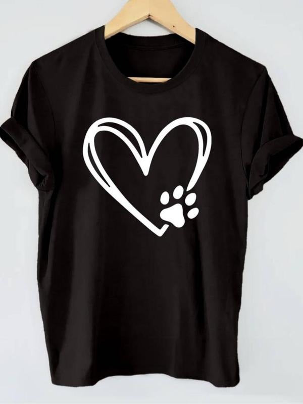Women's Heart & Paw Print Round Neck Tee, Casual Short Sleeve Crew Neck T-Shirt for Summer, Fashion Women's Top for Daily...