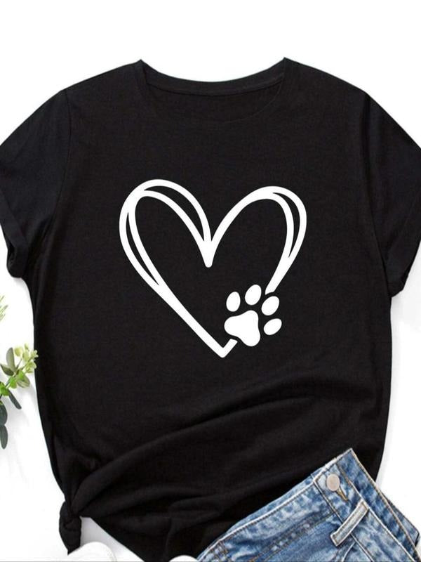 Women's Heart & Paw Print Round Neck Tee, Casual Short Sleeve Crew Neck T-shirt for Summer, Fashion Women's Top for Daily...
