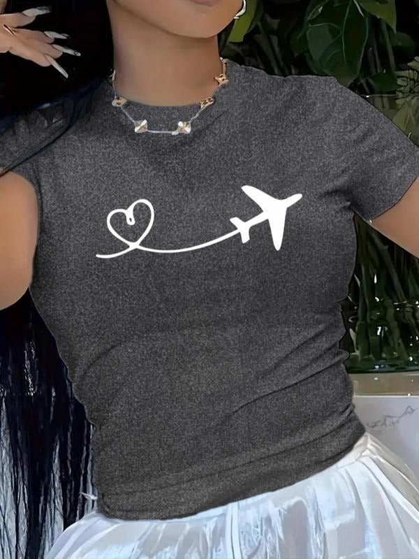 Women's Heart & Plane Print Short Sleeve Tee, Casual Round Neck T-Shirt for Summer, Fashion Women's Top for Daily Wear...