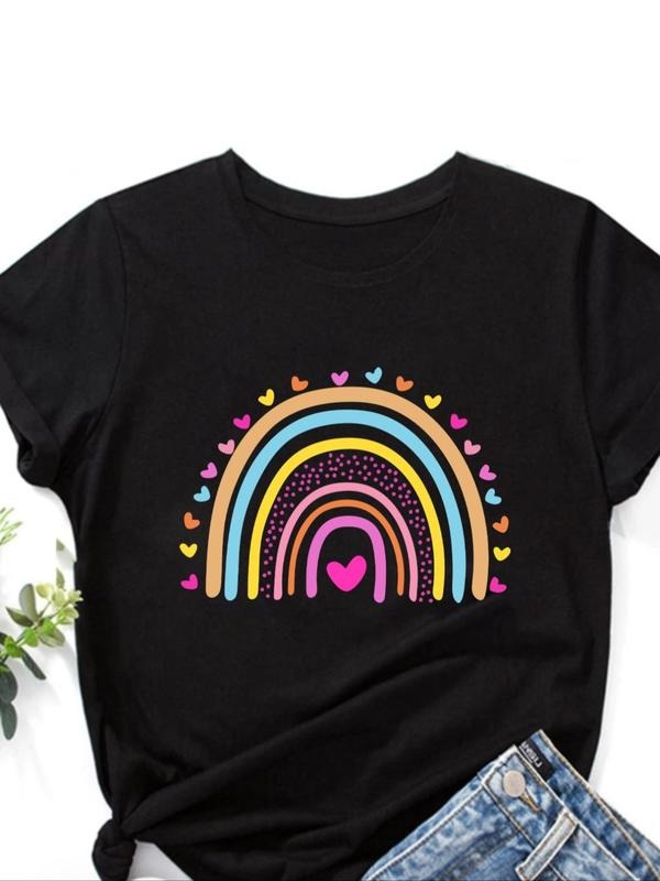 Women's Heart & Rainbow Stripe Print Round Neck Tee, Casual Short Sleeve T-shirt for Summer, Ladies Clothes for Daily...