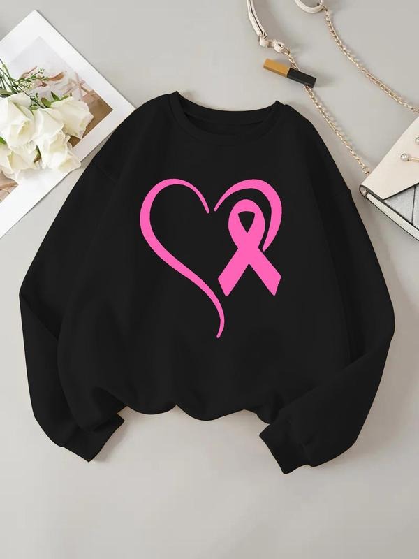 Women's Heart & Ribbon Print Pullover Sweatshirt, Casual Long Sleeve Crew Neck Sweatshirt for Spring & Fall, Women's Top...