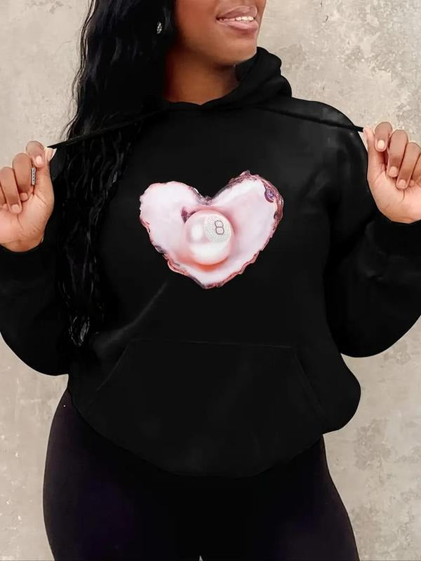 Women's Heart & Shell Print Drop Shoulder Hoodie, Fashion Casual Drawstring Pocket Hooded Sweatshirt for Daily Holiday...