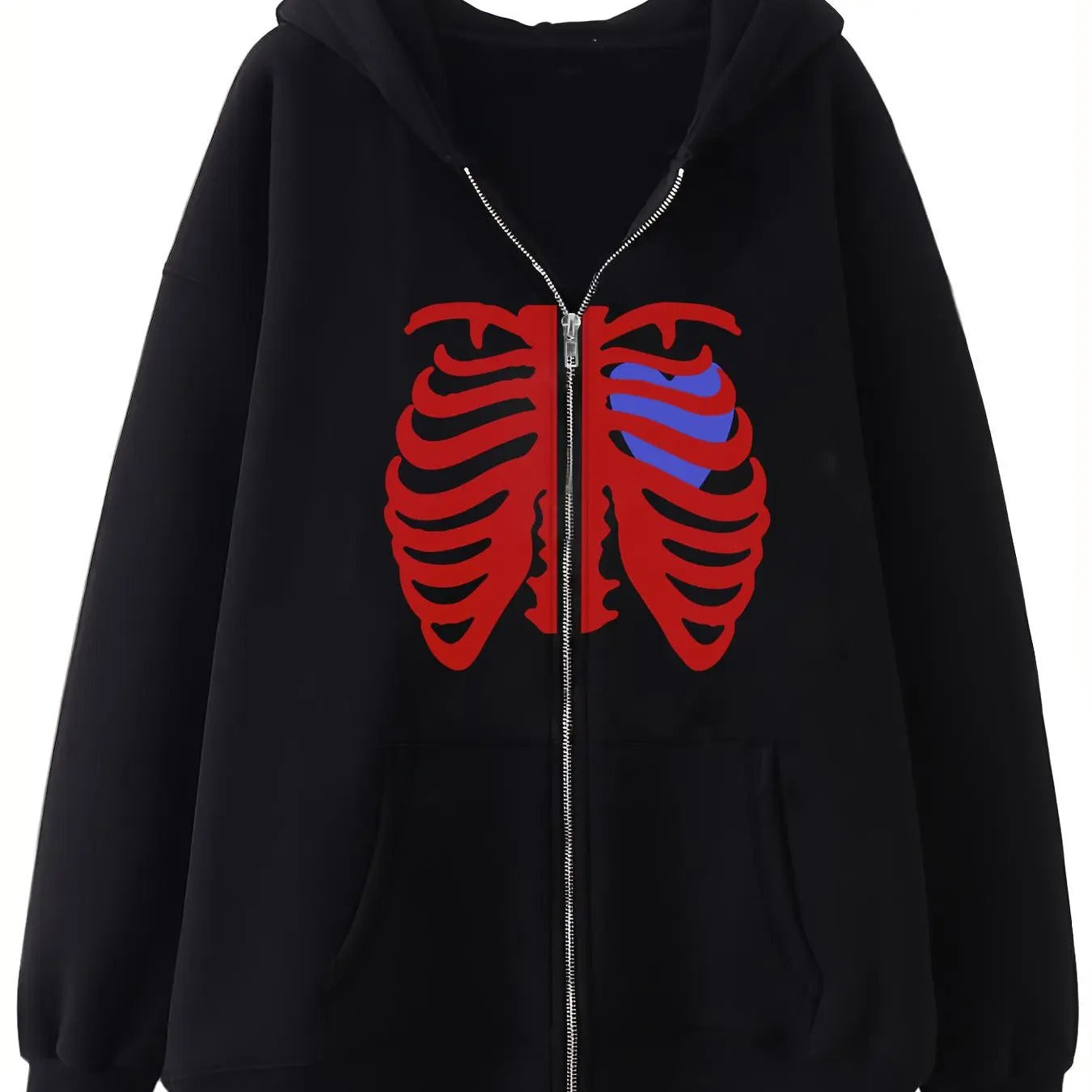 Women's Heart & Skeleton Print Zip Up Pocket Hoodie, Casual Long Sleeve Drop Shoulder Hooded Sweatshirt for Fall &...