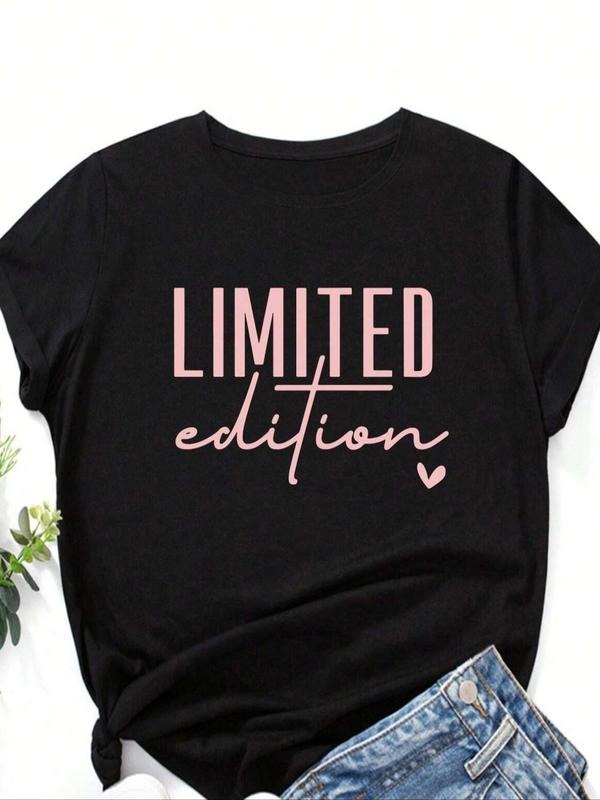 Women's Heart & Slogan Print Round Neck Tee, Casual Short Sleeve Crew Neck T-Shirt for Summer, Women's Top for Daily Wear...