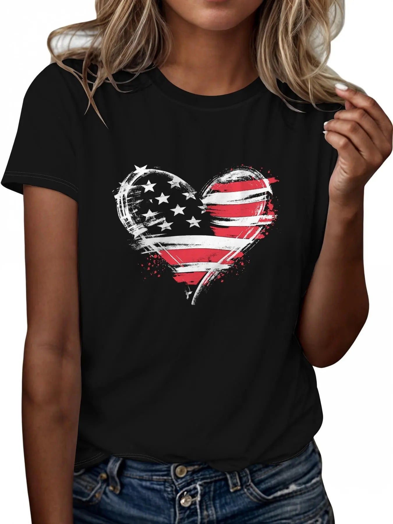 Women's Heart  Print Round Neck Tee, Fashion Casual Short Sleeve  T-shirt for Daily Outdoor Wear, Ladies Clothes for All...