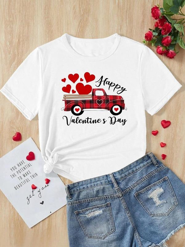 Women's Heart Car Print Round Neck Tee, Casual Letter Graphic Short Sleeve T-shirt for Daily Wear, Ladies Summer Outfit,...