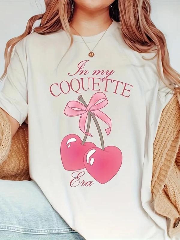 Women's Heart Cherry & Letter Print Round Neck Tee, Casual Short Sleeve Crew Neck T-Shirt for Summer, Fashion Women's Top...