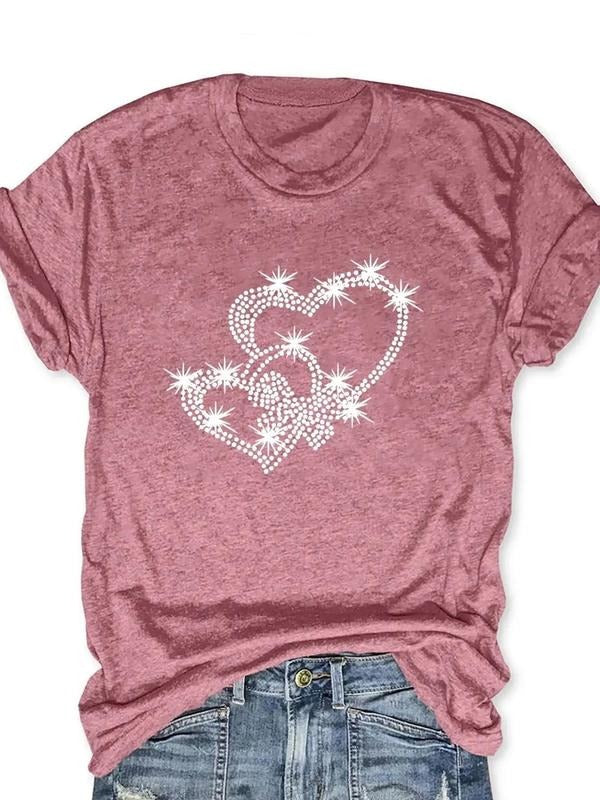 Women's Heart Pattern Round Neck Graphic Tee, Vintage Trendy Casual Short Sleeve T-shirt for Daily Wear, Ladies All-match...