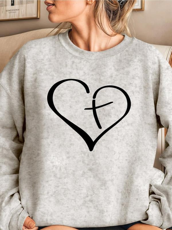 Women's Heart Print Crew Neck Sweatshirt, Casual Drop Shoulder Long Sleeve Pullover, Women's Fall & Winter Clothes for...