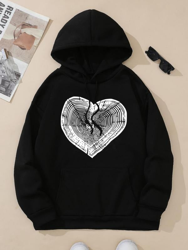 Women's Heart Print Drop Shoulder Drawstring Hoodie, Fashion Casual Pocket Hooded Sweatshirt for Daily Holiday Outdoor...