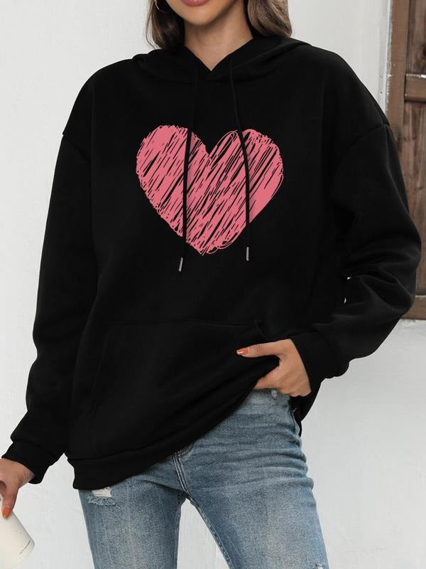 Women's Heart Print Drop Shoulder Drawstring Hoodie, Fashion Casual Pocket Hooded Sweatshirt for Daily Holiday Outdoor...