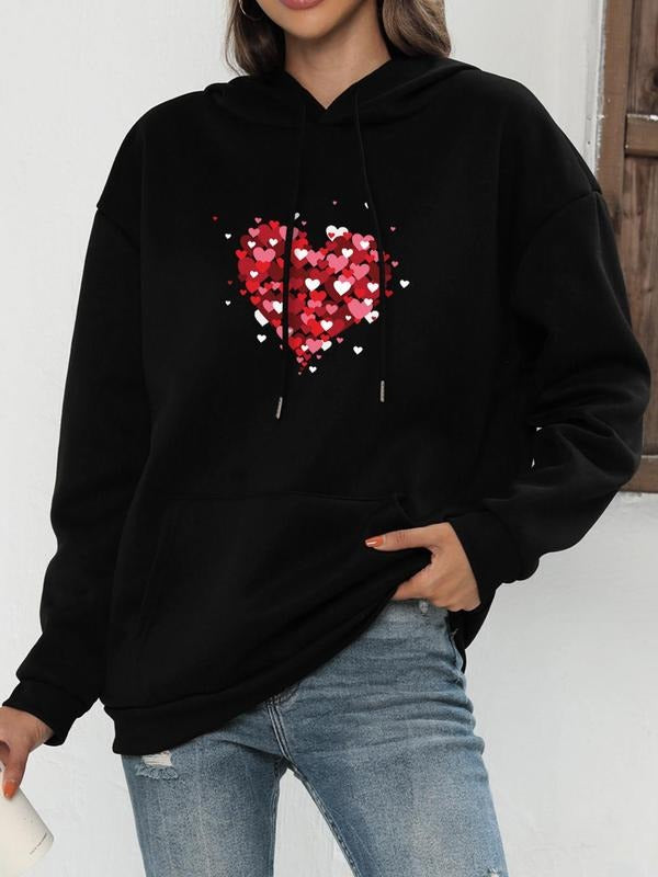 Women's Heart Print Drop Shoulder Drawstring Hoodie, Fashion Casual Pocket Hooded Sweatshirt for Daily Holiday Outdoor...