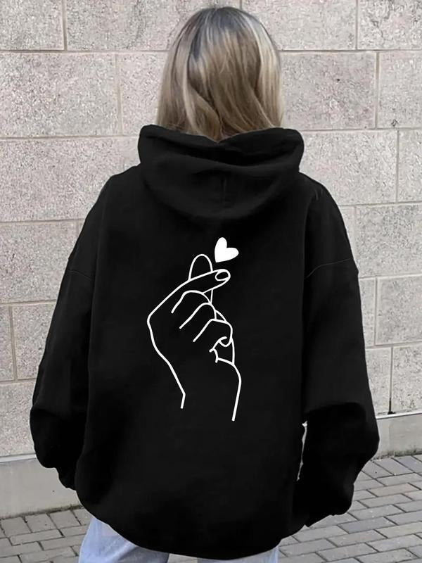 Women's Heart Print Drop Shoulder Drawstring Hoodie, Fashion Casual Pocket Hooded Sweatshirt for Daily Holiday Outdoor...
