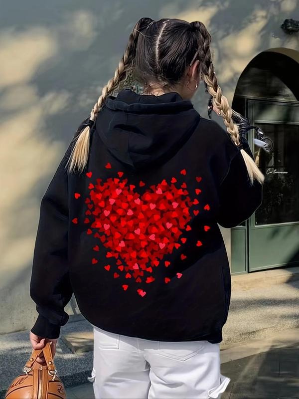 Women's Heart Print Drop Shoulder Drawstring Hoodie, Fashion Casual Pocket Hooded Sweatshirt for Daily Holiday Outdoor...