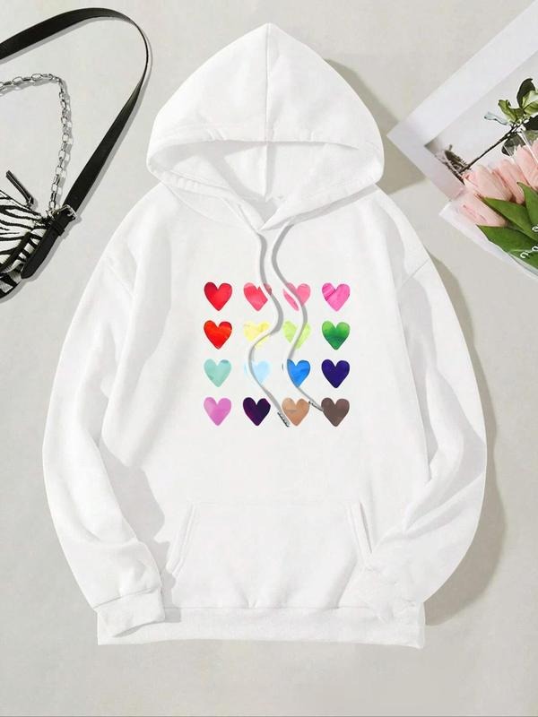 Women's Heart Print Drop Shoulder Hoodie, Fashion  Drawstring Pocket Hooded Sweatshirt for Daily Outdoor Wear, Ladies...