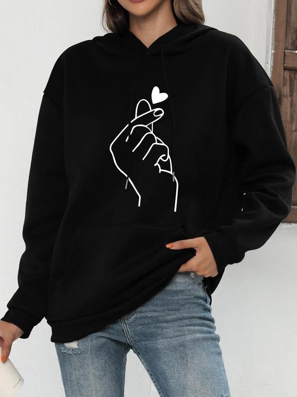 Women's Heart Print Drop Shoulder Hoodie, Fashion Casual Drawstring Pocket Hooded Sweatshirt for Daily Holiday Outdoor...