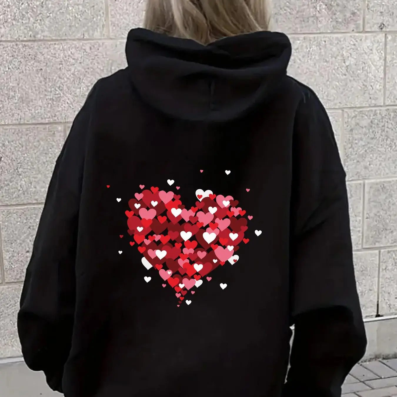 Women's Heart Print Drop Shoulder Hoodie, Fashion Casual Drawstring Pocket Hooded Sweatshirt for Daily Holiday Outdoor...