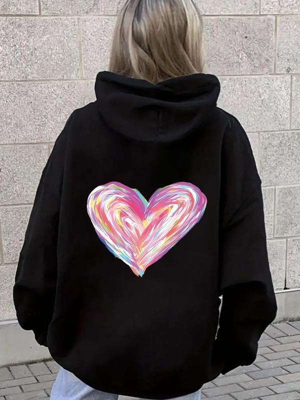 Women's Heart Print Drop Shoulder Hoodie, Fashion Casual Drawstring Pocket Hooded Sweatshirt for Daily Holiday Outdoor...