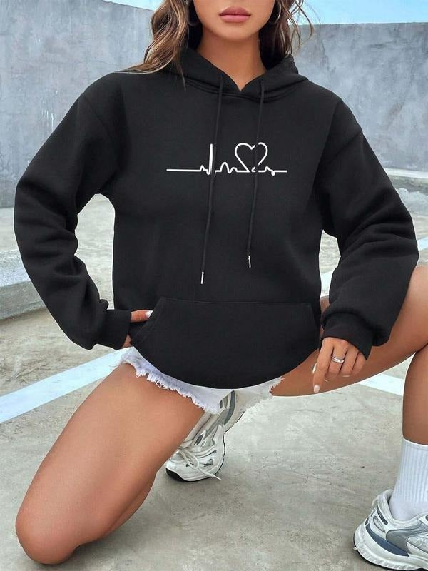 Women's Heart Print Drop Shoulder Hoodie, Fashion Casual Drawstring Pocket Hooded Sweatshirt for Daily Wear, Women's...