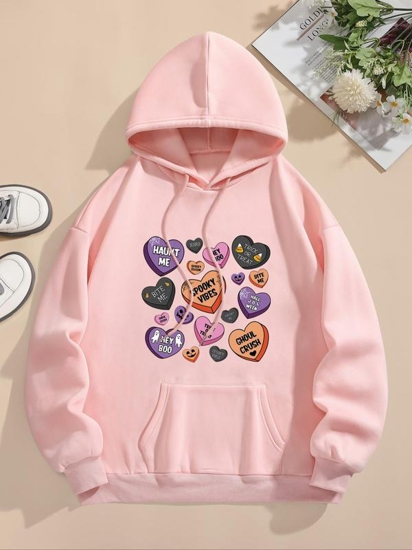 Women's Heart Print Drop Shoulder Hoodie, Halloween Fashion Casual Drawstring Pocket Hooded Sweatshirt for Daily Holiday...