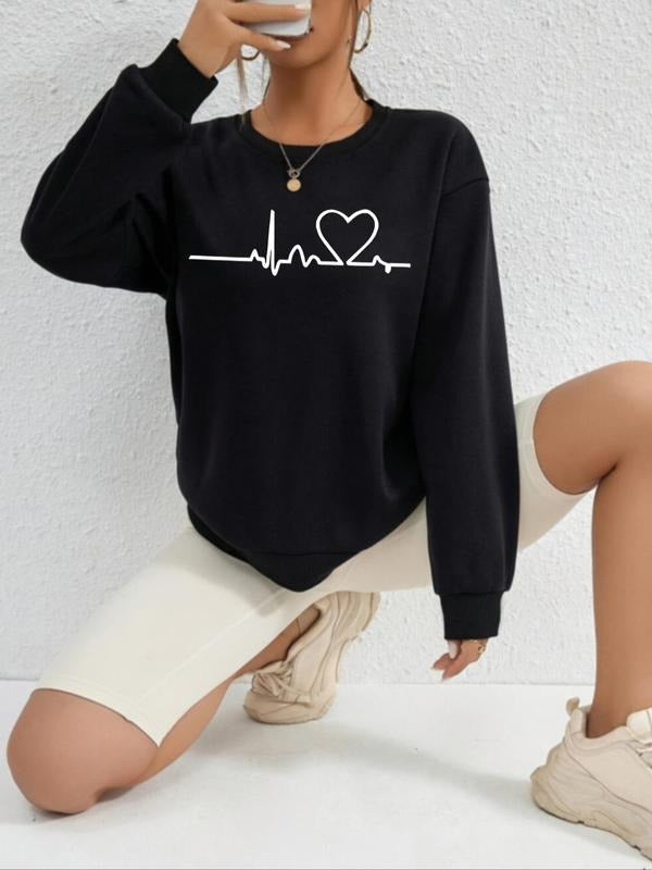 Women's Heart Print Drop Shoulder Pullover, Casual Long Sleeve Crew Neck Sweatshirt for Fall & Winter, Women's Clothes...
