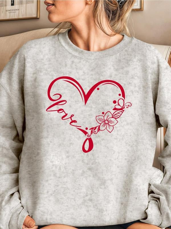 Women's Heart Print Drop Shoulder Sweatshirt, Casual Long Sleeve Round Neck Pullover for Daily Wear, Ladies Clothes for...