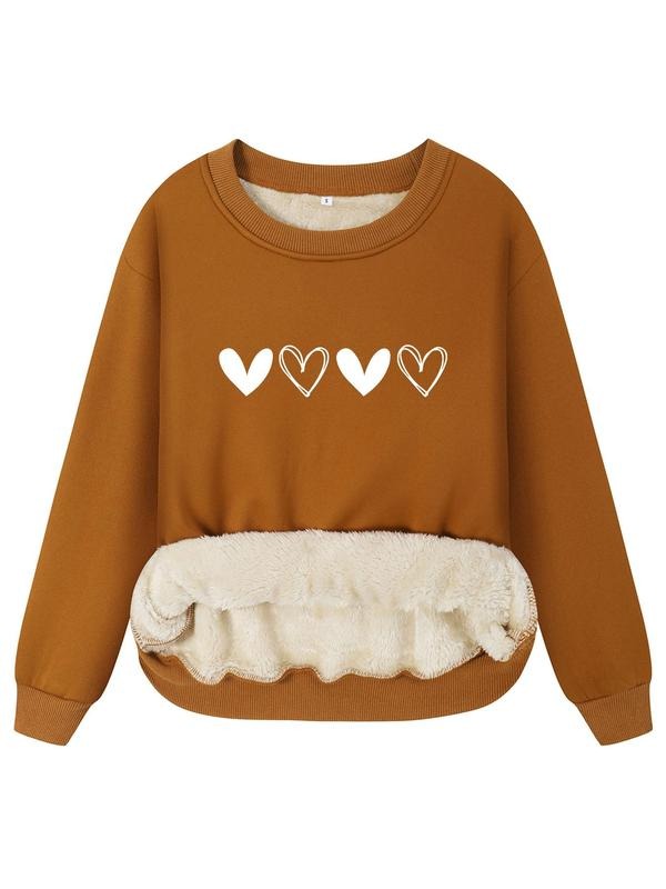 Women's Heart Print Drop Shoulder Sweatshirt, Casual Long Sleeve Round Neck Pullover for Fall & Winter, Women's Clothes...