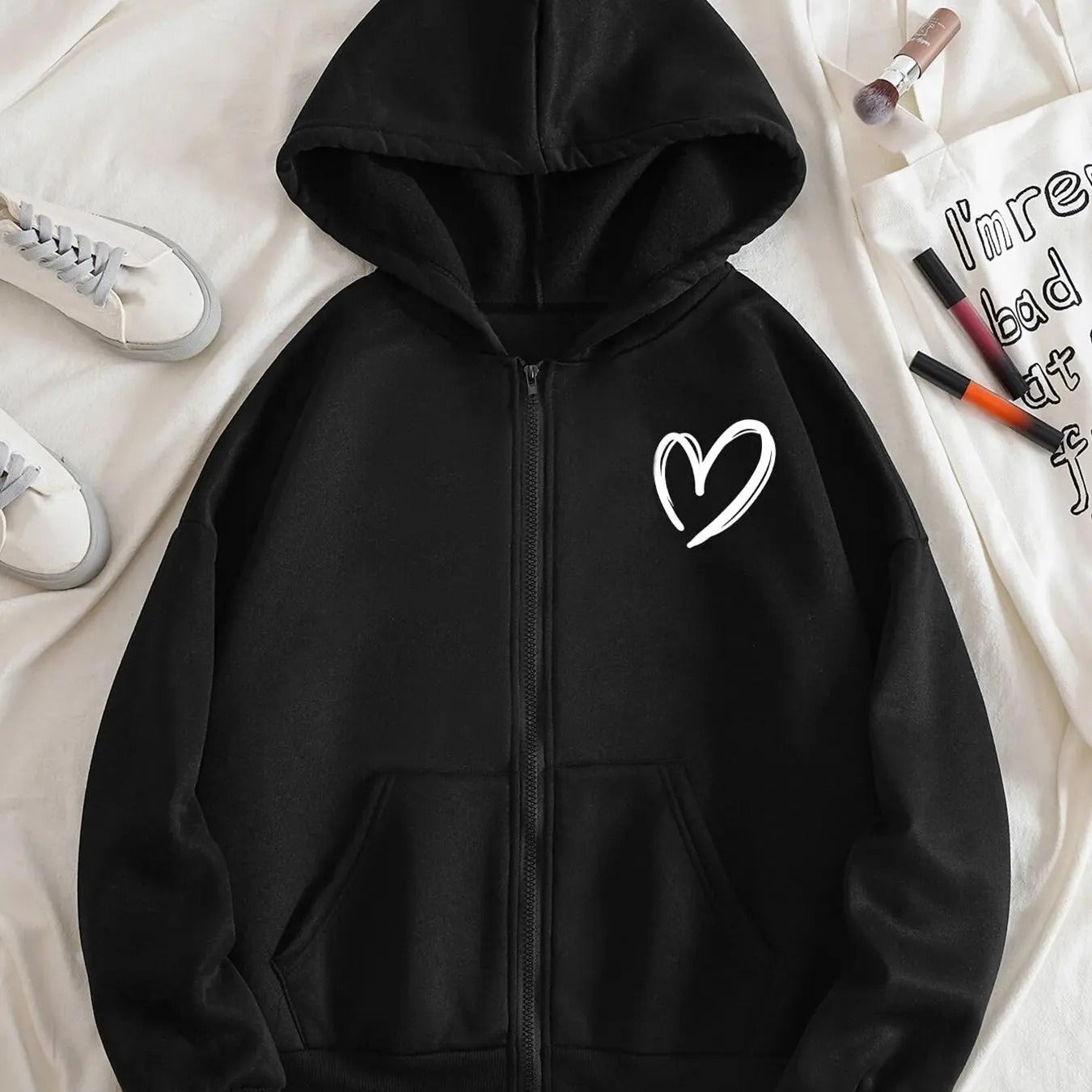 Women's Heart Print Drop Shoulder Zip Up Hoodie, Fashion Casual Pocket Hooded Sweatshirt for Daily Holiday Outdoor Wear,...