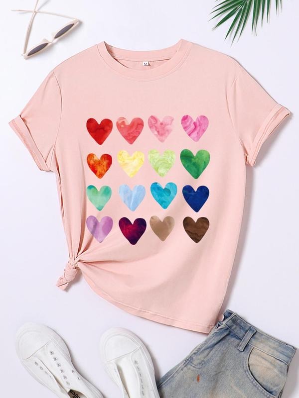 Women's Heart Print Round Neck Graphic Tee, Trendy Casual Short Sleeve T-shirt For Daily Wear, Ladies All Seasons Outfit...