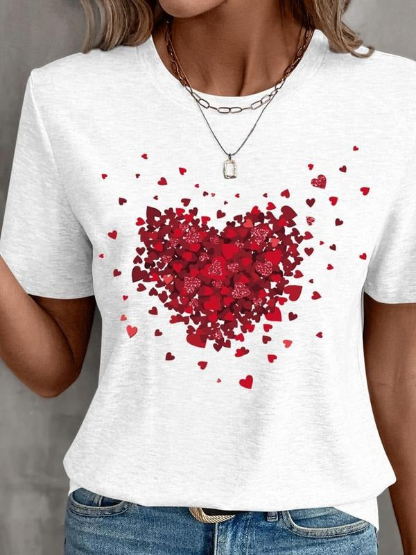 Women's Heart Print Round Neck Regular Sleeve Tee, Summer Clothes Women, Fashion Casual Crew Neck T-Shirt for Daily...