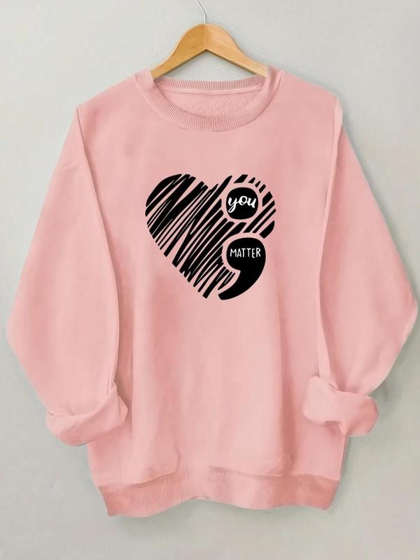 Women's Heart Print Round Neck Sweatshirt, Casual Long Sleeve Crew Neck Pullover for Fall & Winter, Women's Clothes for...